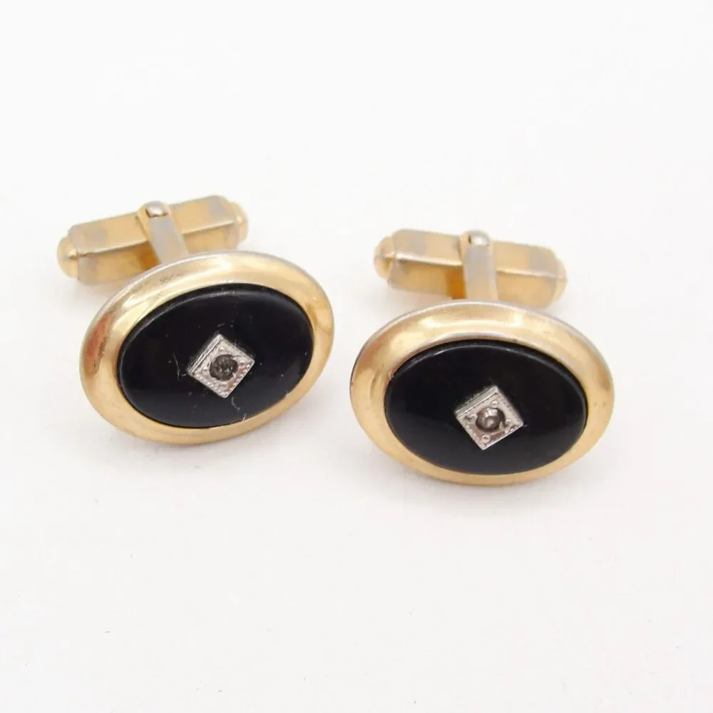Vintage Anson Gold Tone Black Onyx Diamond Accent Cufflink Oval Retro MCM
